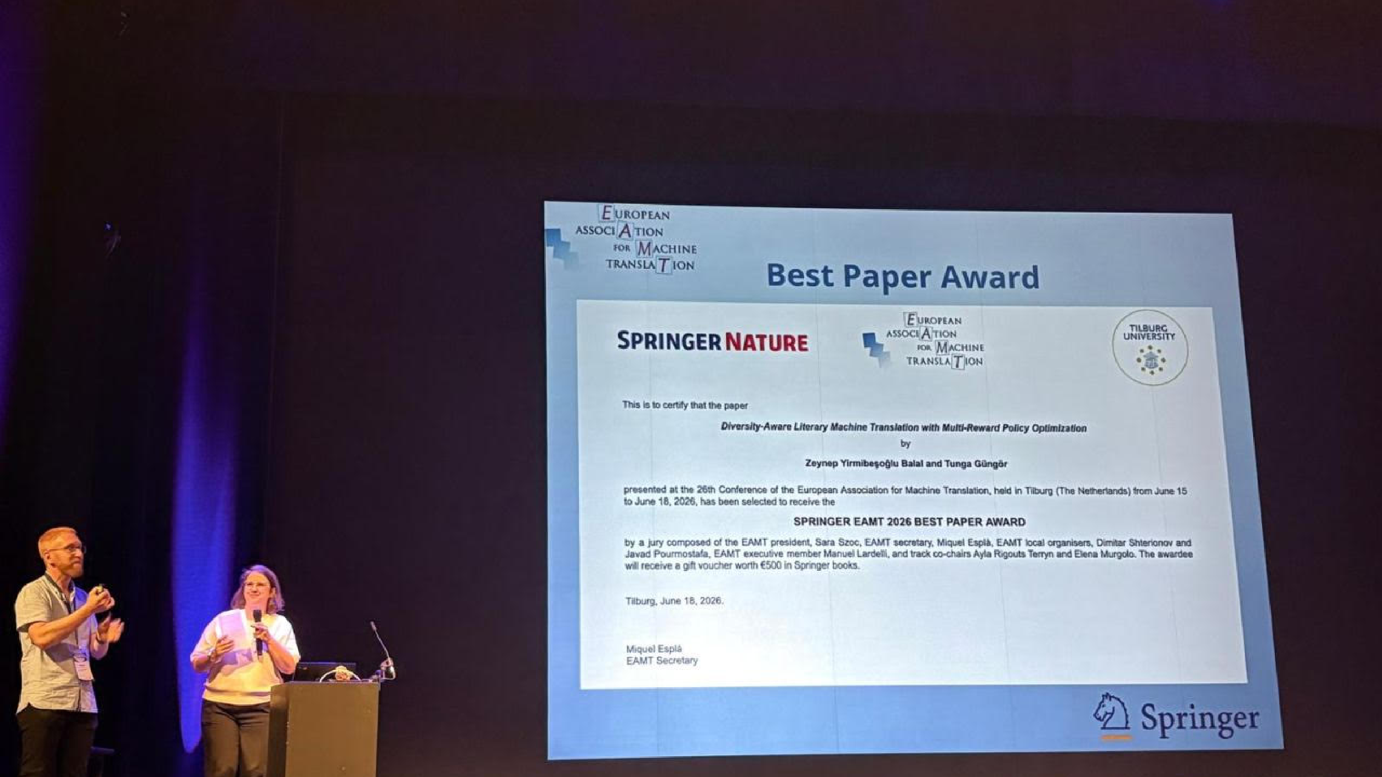 Best Paper Award for Our Student Zeynep Yirmibeşoğlu Balal and Her Advisor Prof. Dr. Tunga Güngör at EAMT 2026